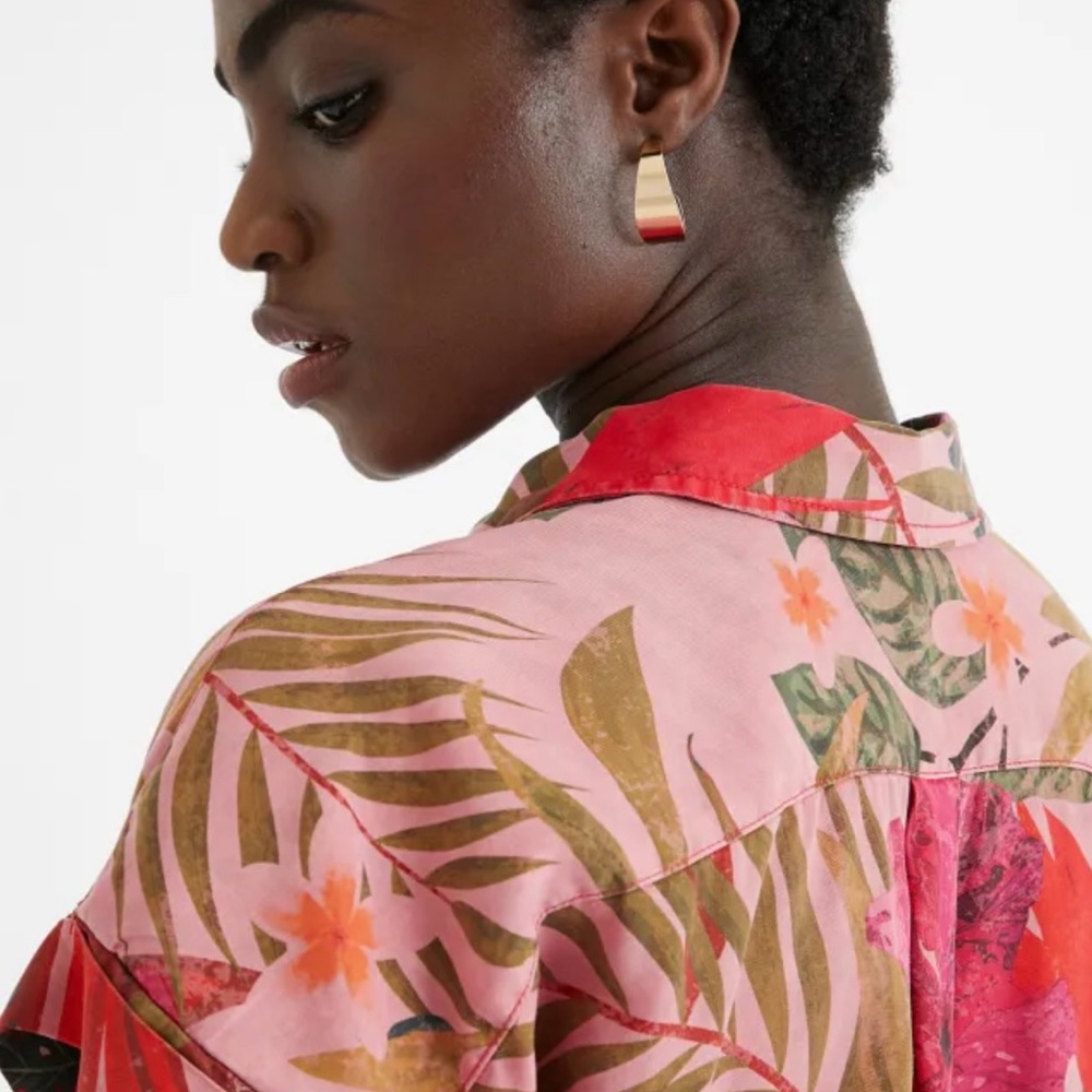 Desigual Tropical Print Pink Button-Up Women's Top sz XL - Picture 3 of 7